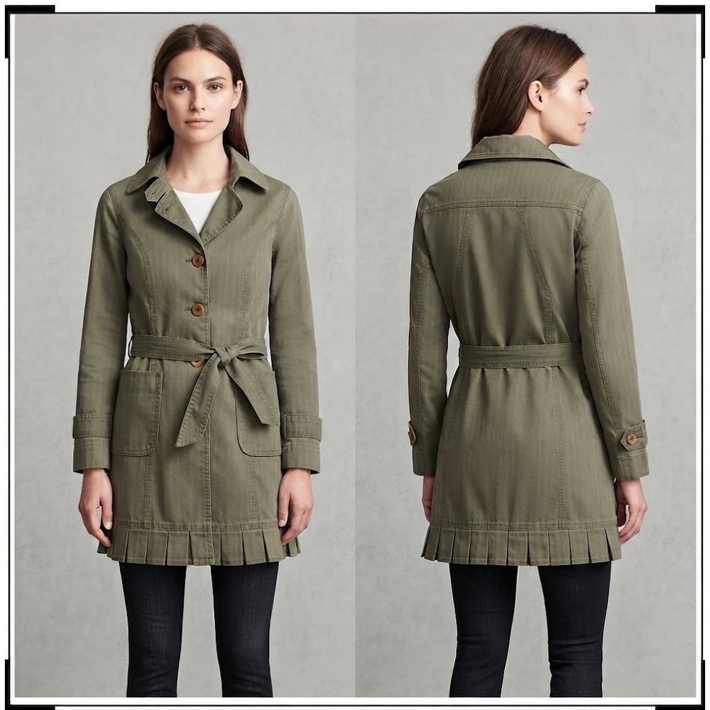 Kenneth Cole Reaction Trench Coat Women M Olive Green Belted Pleated Herringbone